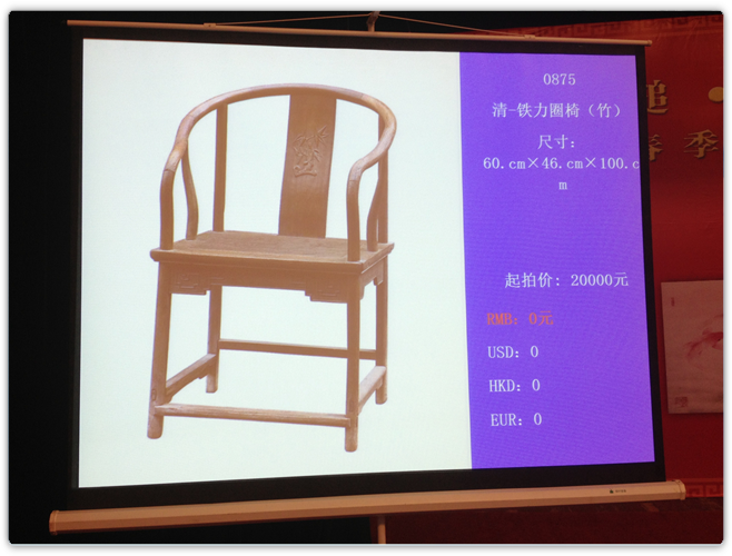 文物拍品信息投影特写，含编号、起拍价与多币种报价